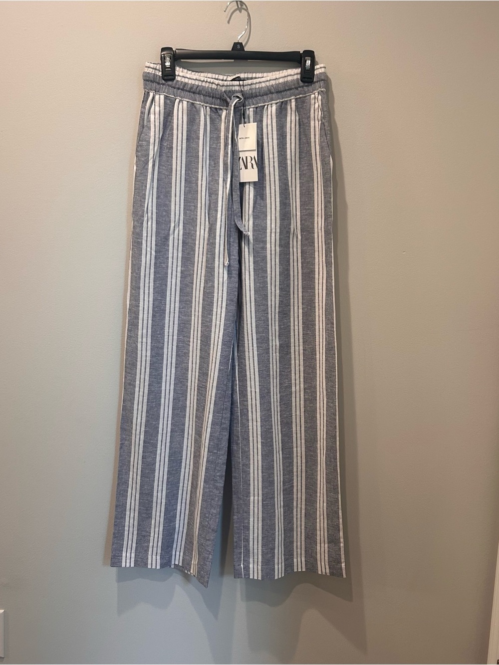 Zara Striped Wide Leg linen blend Drawstring Pants - Blue & White